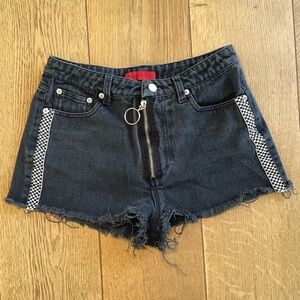 Signature 8 Black and Checkered Striped High-rise Denim Shorts